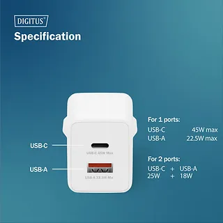 Digitus Ładowarka sieciowa/zasilacz USB GaN 45W, 1x USB-C, 1x USB-A, biała