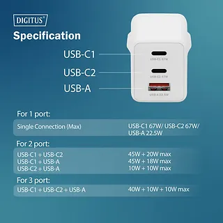 Digitus Ładowarka sieciowa/zasilacz USB GaN 67W, 2x USB-C, 1x USB-A, biała