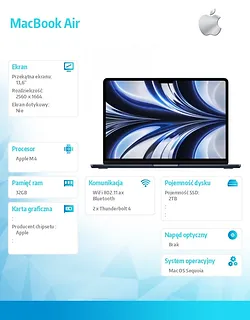 Apple MacBook Air 13.6 cala: M4 10/10, 32GB, 2TB SSD, 35W - P&oacute;łnoc
