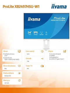 IIYAMA Monitor ProLite 23.8 cala XB2497HSU-W1  IPS,FHD,HDMI,DP,120Hz,350CD,2xUSBv3.2, 2xUSB-C, GW 5lat, HAS 150/PIVOT, BIAŁY