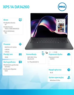 Dell Laptop XPS 14 DA14260 Win11Pro Core Ultra X7 358H/32GB/512GB/14/2,8K /Intel Arc/FgrPr/Cam/Mic/Backlit Kb/3 Cell/3Y ProSupport