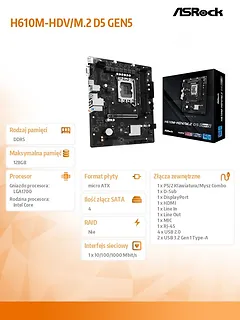 ASRock Płyta gł&oacute;wna H610M-HDV/M.2 D5 GEN5 s1700 2DDR5 DP/HDMI mATX