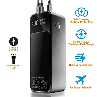 everActive Powerbank 27 000 MAH 2X USB-C 1X USB 162,5W QC4+ wbudowana latarka wyświetlacz LCD