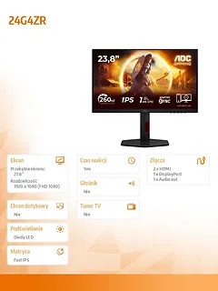 AOC Monitor 23.8 cala 24G4ZR Fast IPS 240Hz HDMIx2 DP Pivot