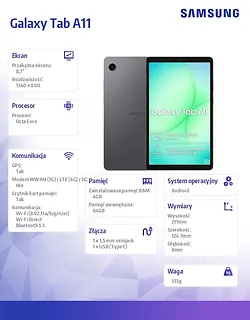 Samsung Tablet Galaxy Tab A11 X130 8.7 cala 4GB/64GB Wi-Fi Szary