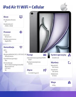 Apple iPad Air 11 cali WiFi + Cellular 128GB Gwiezdna szarość
