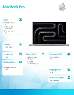 Apple MacBook Pro 14.2 cala: M5 Pro 15/16, 24GB, 1TB SSD, bez zasilacza - Srebrny