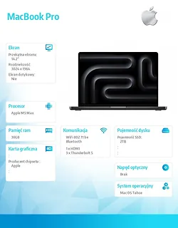 Apple MacBook Pro 14.2 cala: M5 Max 18/32, 36GB, 2TB SSD, bez zasilacza - Gwiezdna czerń