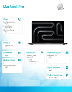 Apple MacBook Pro 14.2 cala: M5 Pro 15/16, 24GB, 2TB SSD, bez zasilacza - Gwiezdna czerń
