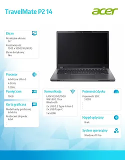 Acer Notebook TravelMate P2 14 TMP214-75-G3-TCO Ulta 5 125H 16GB/512GB/W11 PRO