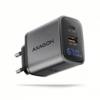 AXAGON Ładowarka sieciowa ACU-PQ67D PD&QC 67W 2-port GaN, Ekran LED, USB-A  + USB-C