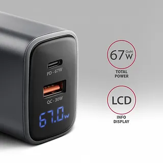 AXAGON Ładowarka sieciowa ACU-PQ67D PD&QC 67W 2-port GaN, Ekran LED, USB-A  + USB-C