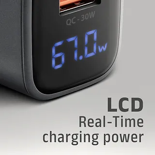 AXAGON Ładowarka sieciowa ACU-PQ67D PD&QC 67W 2-port GaN, Ekran LED, USB-A  + USB-C