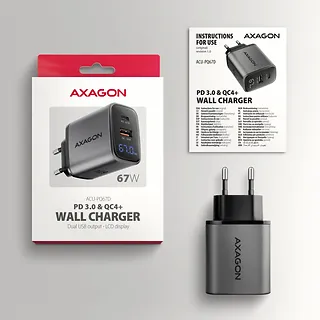 AXAGON Ładowarka sieciowa ACU-PQ67D PD&QC 67W 2-port GaN, Ekran LED, USB-A  + USB-C