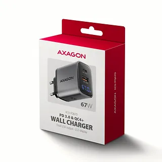 AXAGON Ładowarka sieciowa ACU-PQ67D PD&QC 67W 2-port GaN, Ekran LED, USB-A  + USB-C