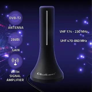 Qoltec Wewnętrzna antena DVB-T/T2 | wzmacniacz sygnału | 4K | wysoki zysk 32dBi | kabel 4m