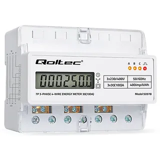 Qoltec Tr&oacute;jfazowy elektroniczny licznik | miernik zużycia energii na szynę DIN | 400V | 100A | LCD | LED | 7P
