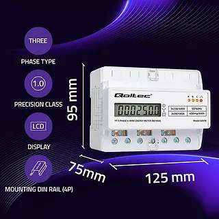 Qoltec Tr&oacute;jfazowy elektroniczny licznik | miernik zużycia energii na szynę DIN | 400V | 100A | LCD | LED | 7P