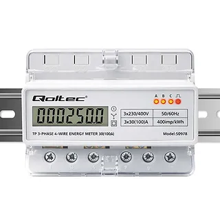 Qoltec Tr&oacute;jfazowy elektroniczny licznik | miernik zużycia energii na szynę DIN | 400V | 100A | LCD | LED | 7P