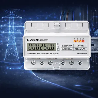 Qoltec Tr&oacute;jfazowy elektroniczny licznik | miernik zużycia energii na szynę DIN | 400V | 100A | LCD | LED | 7P