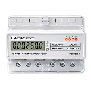 Qoltec Tr&oacute;jfazowy elektroniczny licznik | miernik zużycia energii na szynę DIN | 400V | 100A | LCD | LED | 7P