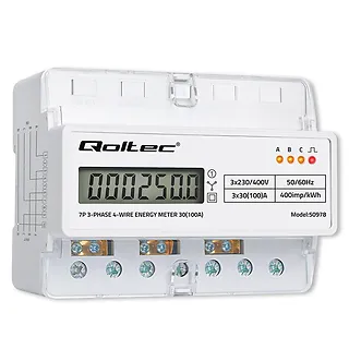 Qoltec Tr&oacute;jfazowy elektroniczny licznik | miernik zużycia energii na szynę DIN | 400V | 100A | LCD | LED | 7P