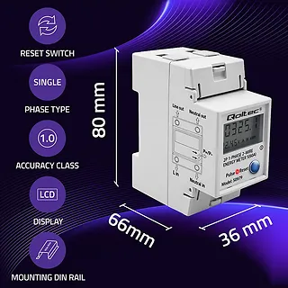 Qoltec Jednofazowy elektroniczny licznik zużycia energii na szynę DIN | RESET | licznik okresowy i stały | 230V | 60A | LCD | LED | 2P