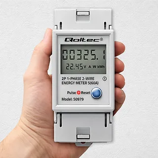 Qoltec Jednofazowy elektroniczny licznik zużycia energii na szynę DIN | RESET | licznik okresowy i stały | 230V | 60A | LCD | LED | 2P