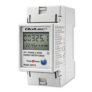 Qoltec Jednofazowy elektroniczny licznik zużycia energii na szynę DIN | RESET | licznik okresowy i stały | 230V | 60A | LCD | LED | 2P