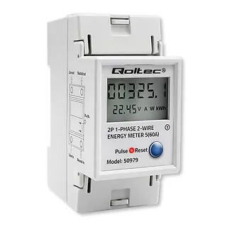 Qoltec Jednofazowy elektroniczny licznik zużycia energii na szynę DIN | RESET | licznik okresowy i stały | 230V | 60A | LCD | LED | 2P