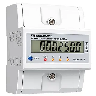 Qoltec Tr&oacute;jfazowy elektroniczny licznik z resetem | miernik zużycia energii na szynę DIN | 400V | 100A | LCD | LED | 4P