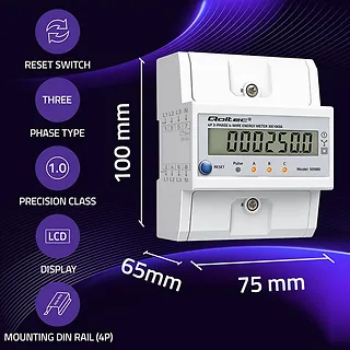 Qoltec Tr&oacute;jfazowy elektroniczny licznik z resetem | miernik zużycia energii na szynę DIN | 400V | 100A | LCD | LED | 4P