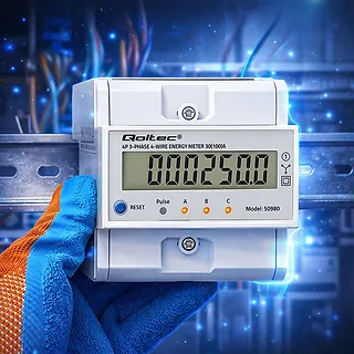 Qoltec Tr&oacute;jfazowy elektroniczny licznik z resetem | miernik zużycia energii na szynę DIN | 400V | 100A | LCD | LED | 4P