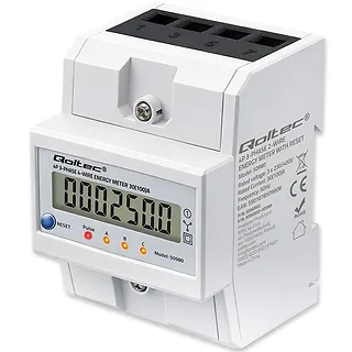 Qoltec Tr&oacute;jfazowy elektroniczny licznik z resetem | miernik zużycia energii na szynę DIN | 400V | 100A | LCD | LED | 4P