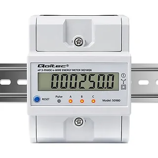 Qoltec Tr&oacute;jfazowy elektroniczny licznik z resetem | miernik zużycia energii na szynę DIN | 400V | 100A | LCD | LED | 4P