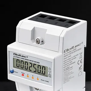Qoltec Tr&oacute;jfazowy elektroniczny licznik z resetem | miernik zużycia energii na szynę DIN | 400V | 100A | LCD | LED | 4P