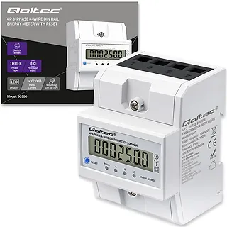Qoltec Tr&oacute;jfazowy elektroniczny licznik z resetem | miernik zużycia energii na szynę DIN | 400V | 100A | LCD | LED | 4P