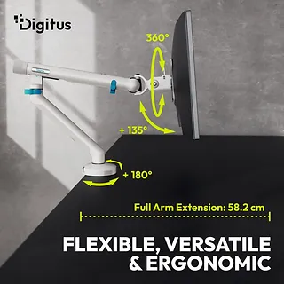 Digitus Ramię biurkowe pojedyncze z zaciskiem i sprężyną mechaniczną 1x LCD max. 35" 10kg, VESA: 75x75, 100x100, białe