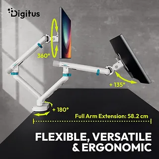 Digitus Ramię biurkowe podw&oacute;jne z zaciskiem i sprężyną mechaniczną 2x LCD max. 35" obciążenie 2x10kg, VESA: 75x75, 100x100, białe