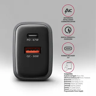 AXAGON Ładowarka sieciowa ACU-PQ67 PD&QC 67W 2-port GaN, USB-A + USB-C