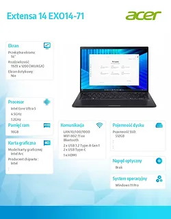 Acer Notebook Extensa 14 EXO14-71 Ultra 5 125H 16GB/512GB/W11 PRO