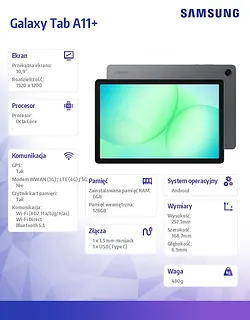 Samsung Tablet Galaxy Tab A11+ X230 10.9 cala Wi-Fi 6/128GB Szary