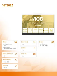 AOC Monitor 16T20E2 15.6 cala IPS Mini HDMI USB-C Głośniki