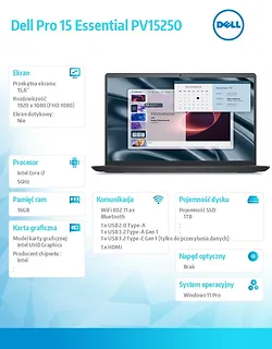 Laptop Dell Pro 15 Essential PV15250|i7-1355U|16GB|1TB SSD|Intel UHD|None|W11 Pro|WLAN + BT|15.6 FHD|Backlit Kb|4 Cell|65W/3YPS