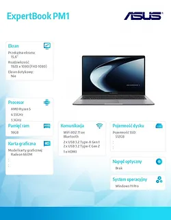 Asus Notebook ExpertBook PM1 PM1503CDA-S70268X - Ryzen 5 150/16GB/512GB/15,6" FHD/Win 11 PRO/3YRS