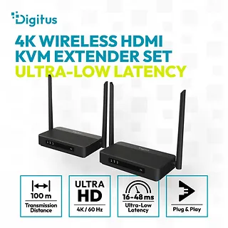Digitus Przedłużacz / Extender HDMI bezprzewodowy z KVM do 100m | UHD 4K@60Hz | Audio | Niskie op&oacute;źnienie 16ms (Zestaw)