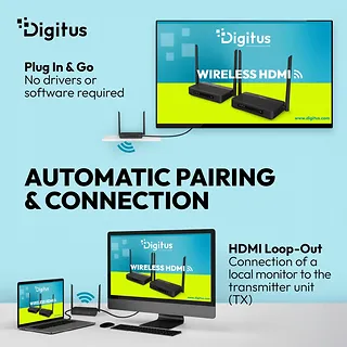 Digitus Przedłużacz / Extender HDMI bezprzewodowy z KVM do 100m | UHD 4K@60Hz | Audio | Niskie op&oacute;źnienie 16ms (Zestaw)