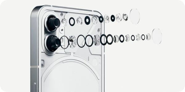 Dwa aparaty w smartfonie Nothing Phone (1) biały Aparat główny Sony IMX766 50 Mpix, aparat ultraszerokokątny Samsung JN1 50 Mpix