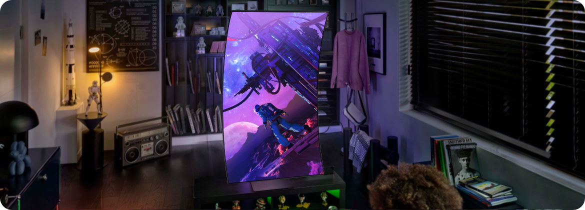 Samsung Odyssey Ark w trybie kokpitu Samsung Odyssey Ark tryb kokpit cockpit mode pivot HAS tilt height regulacja wysokości pochylenia obrotu