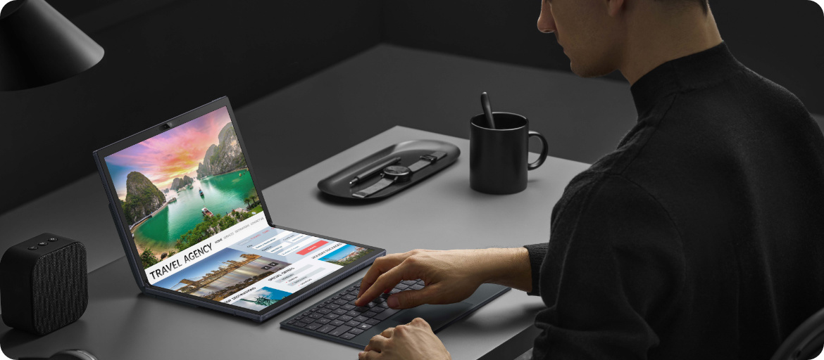 Laptop Asus Zenbook 17 Fold OLED z klawiaturą bezprzewodową ErgoSense Asus Zenbook 17 Fold OLED extended mode klawiatura bluetooth ASUS ErgoSense